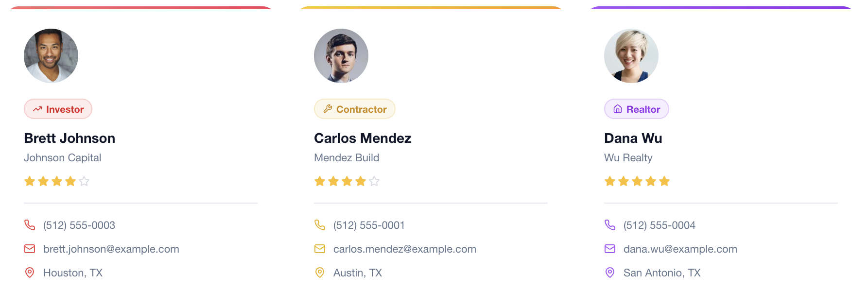 FlipOS CRM — contractors, lenders, realtors with ratings and custom fields