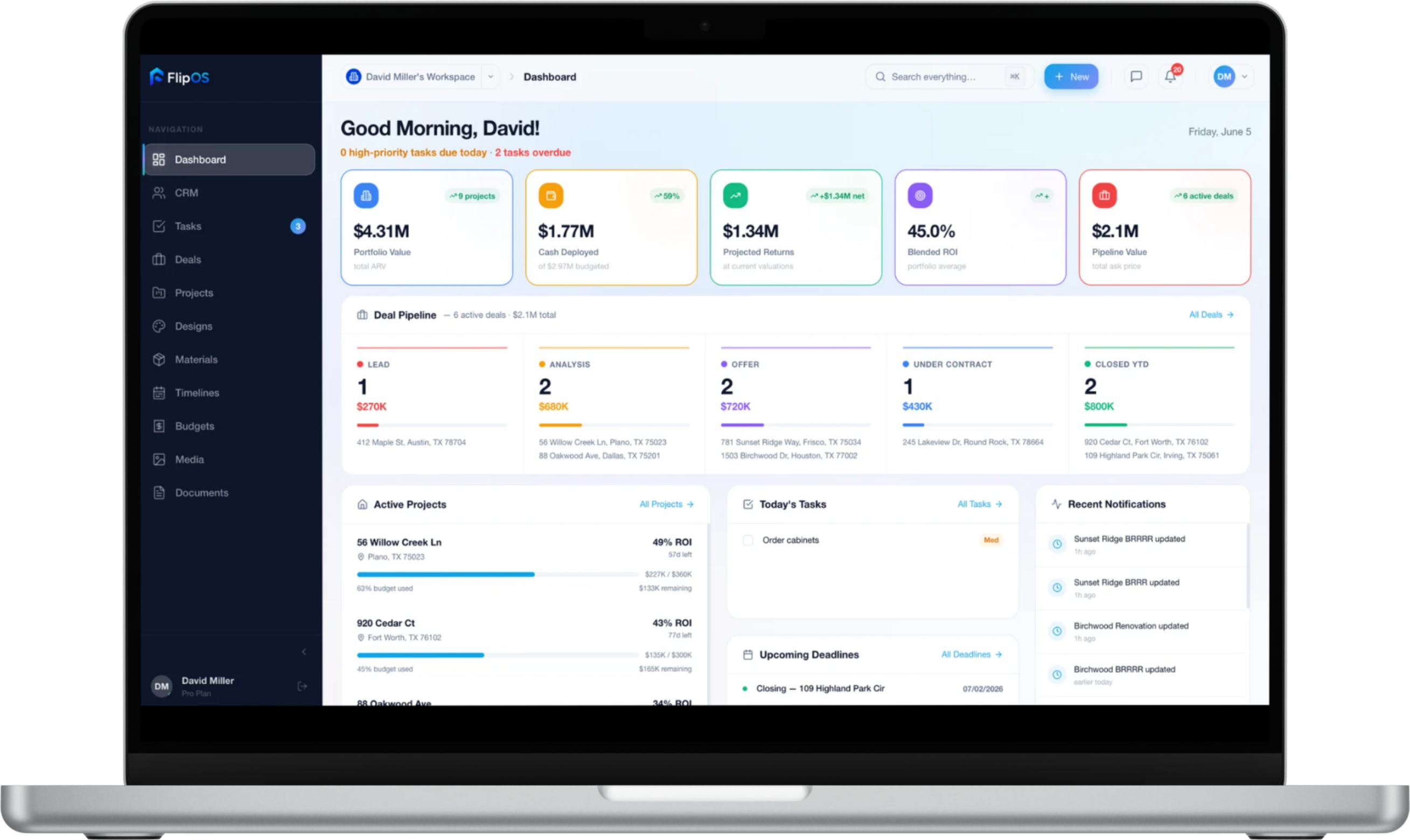 FlipOS dashboard — portfolio KPIs, deal pipeline, tasks and activity