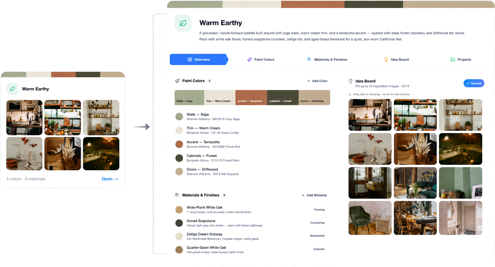 FlipOS Designs — palettes, paint colors, materials and idea boards